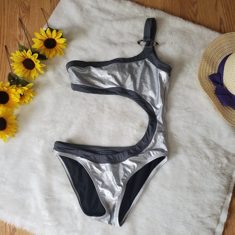 W SWIM SEXY METALLIC SILVER SIDE CUTOUT BANDEAU ONE PIECE SWIMSUIT